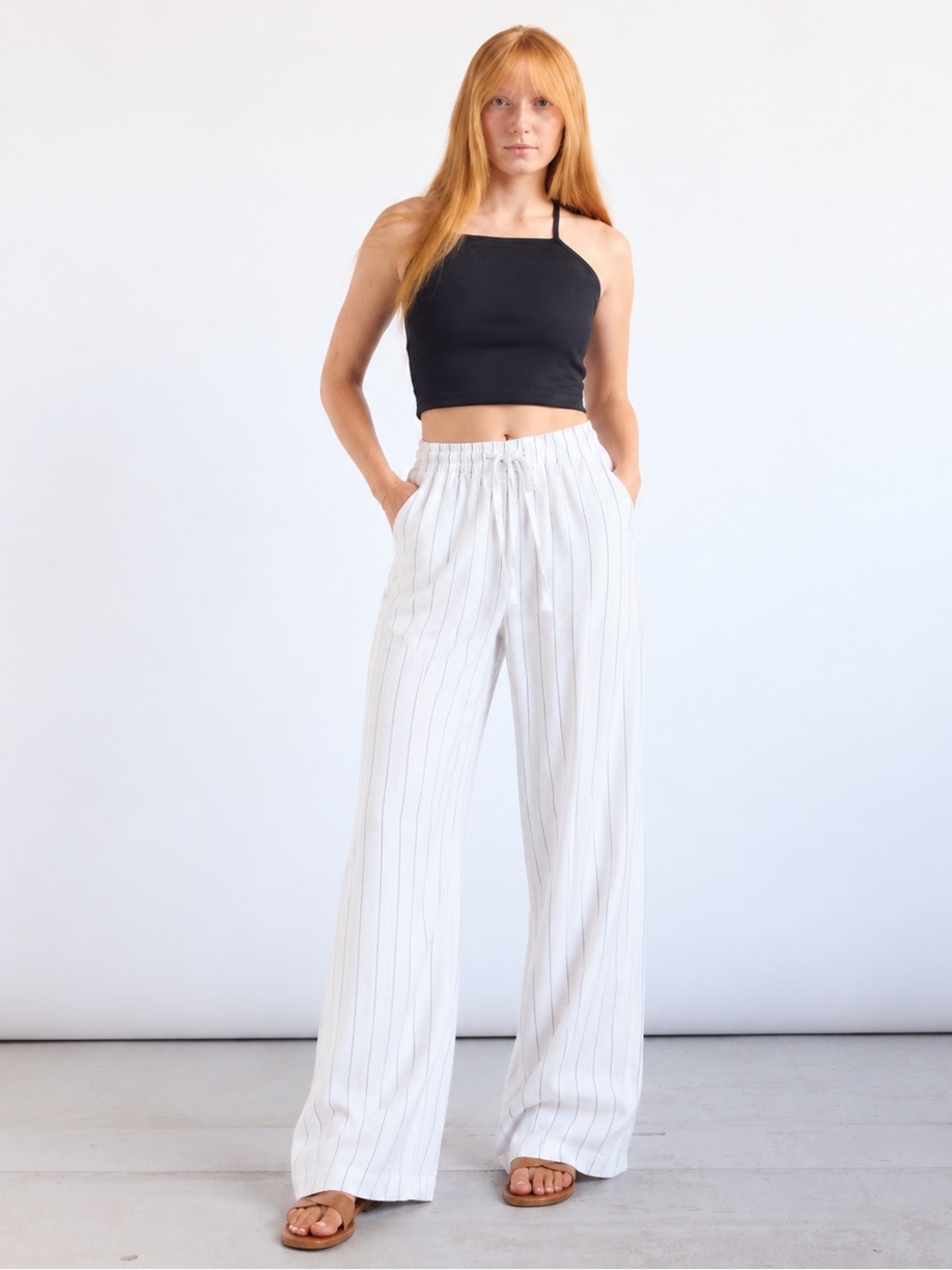Sienna Sky White Black Pinstripe Wide-Leg Pants - Size Medium